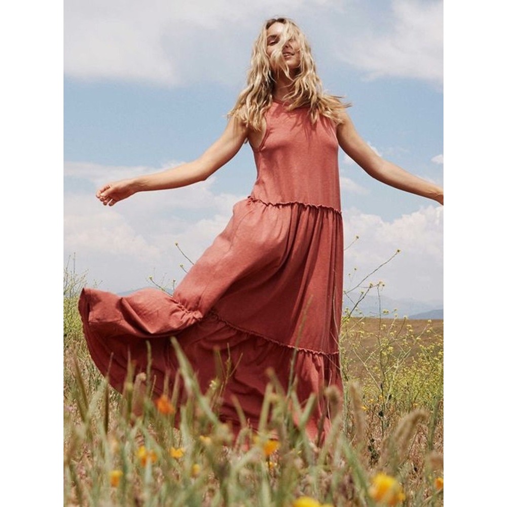 Aerie Dress Womens XS Rust Tiered Maxi Sleeveless Cotton Slub Knit Boho Summer
